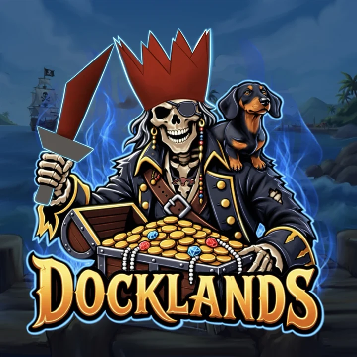 Docklands logo: a skeleton pirate in a party hat with a dachshund on his shoulder and a chest of gold